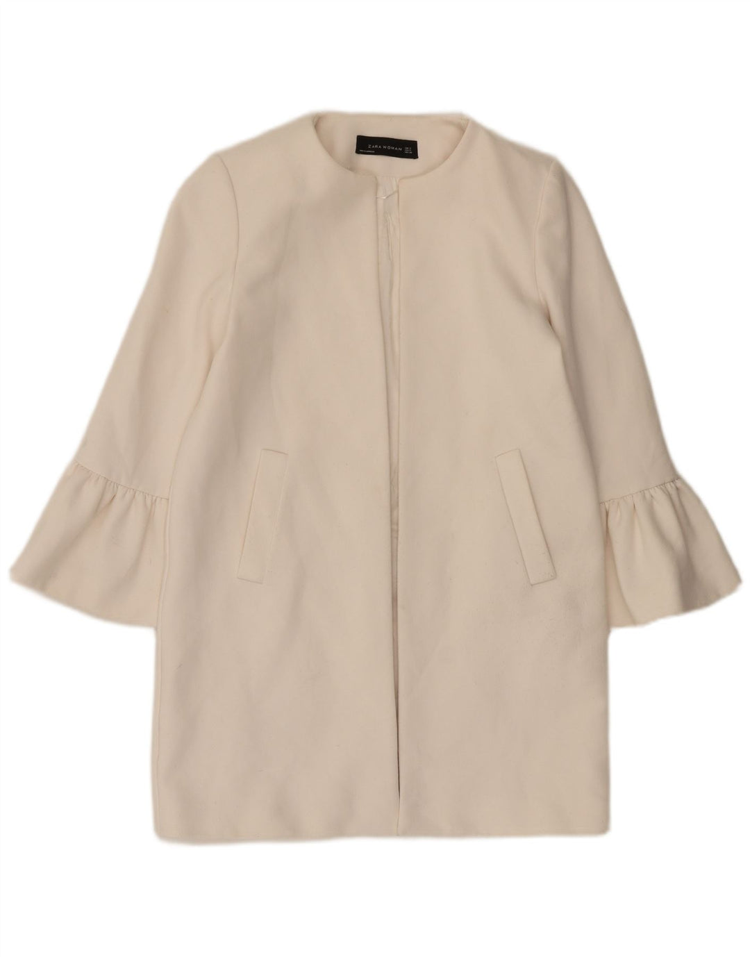 Zara Veste Blazer Ouverte Longue Femme UK 10 Petit Polyester Blanc