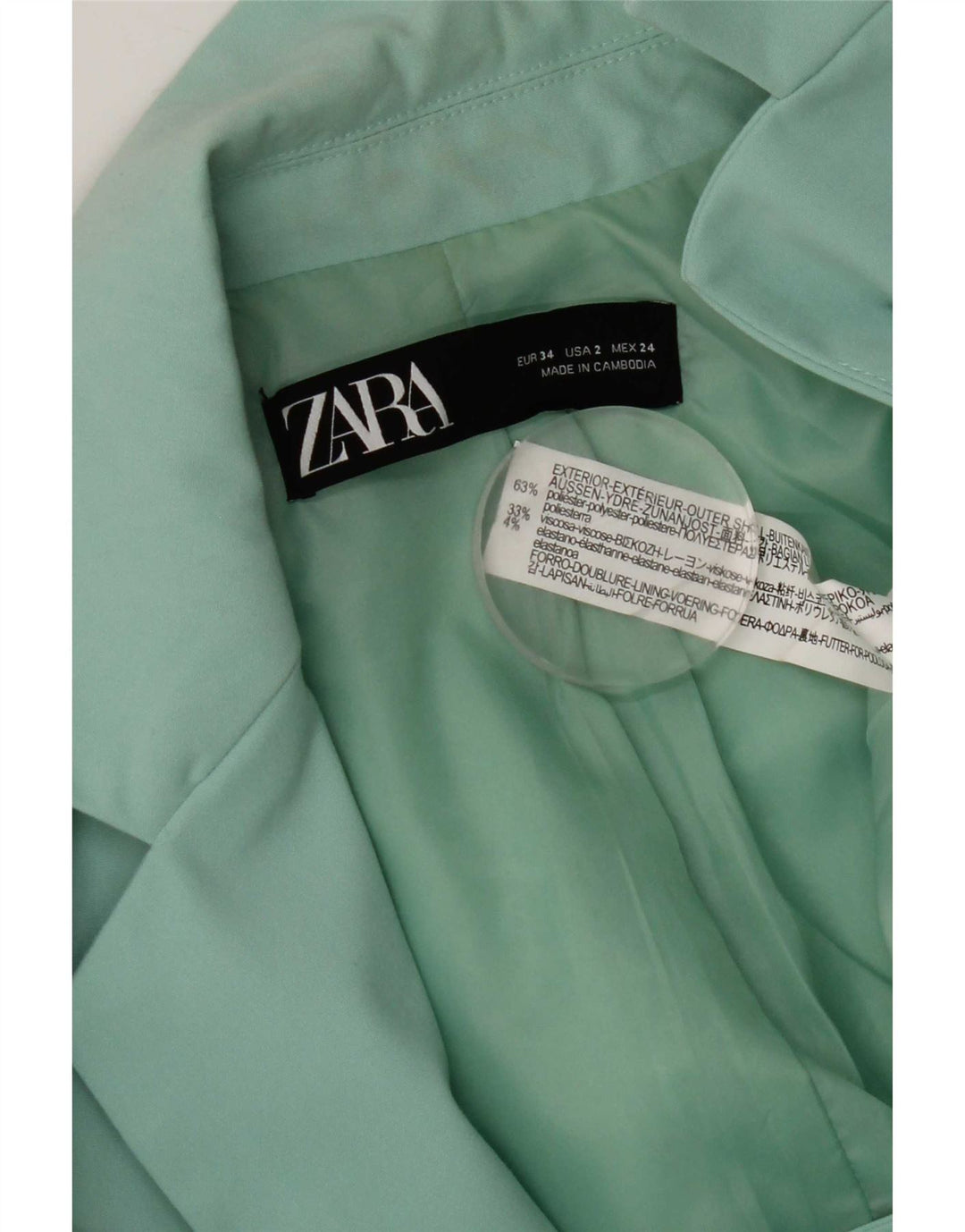 Zara Veste Blazer 1 Bouton Femme EU 34 2XS Turquoise Polyester
