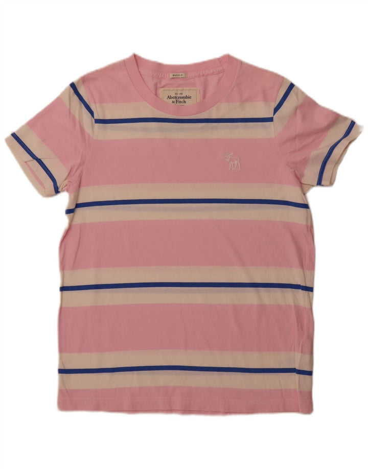 ABERCROMBIE & FITCH T-shirt musclé pour homme XL en coton rayé rose