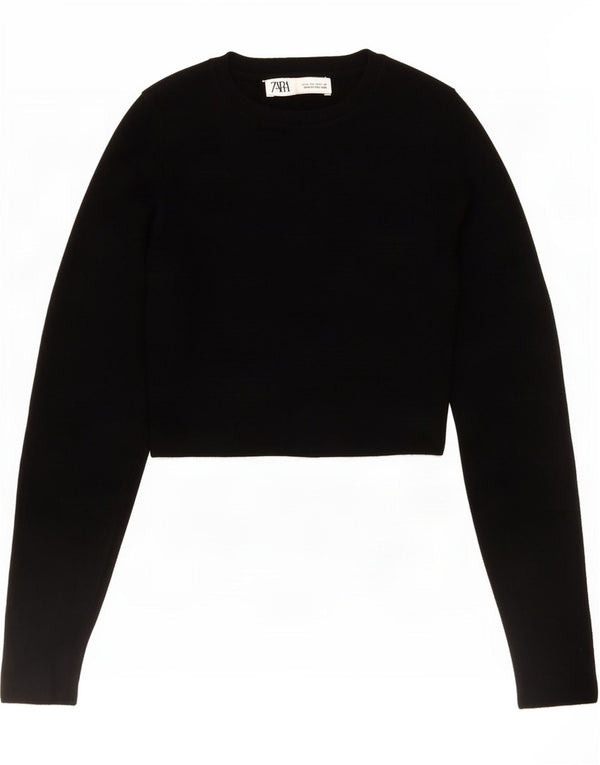 Zara Femme Crop Top Manches Longues UK 12 Medium Noir Viscose