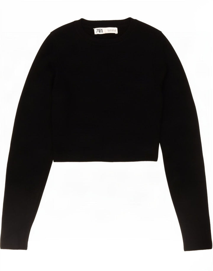 Zara Femme Crop Top Manches Longues UK 12 Medium Noir Viscose
