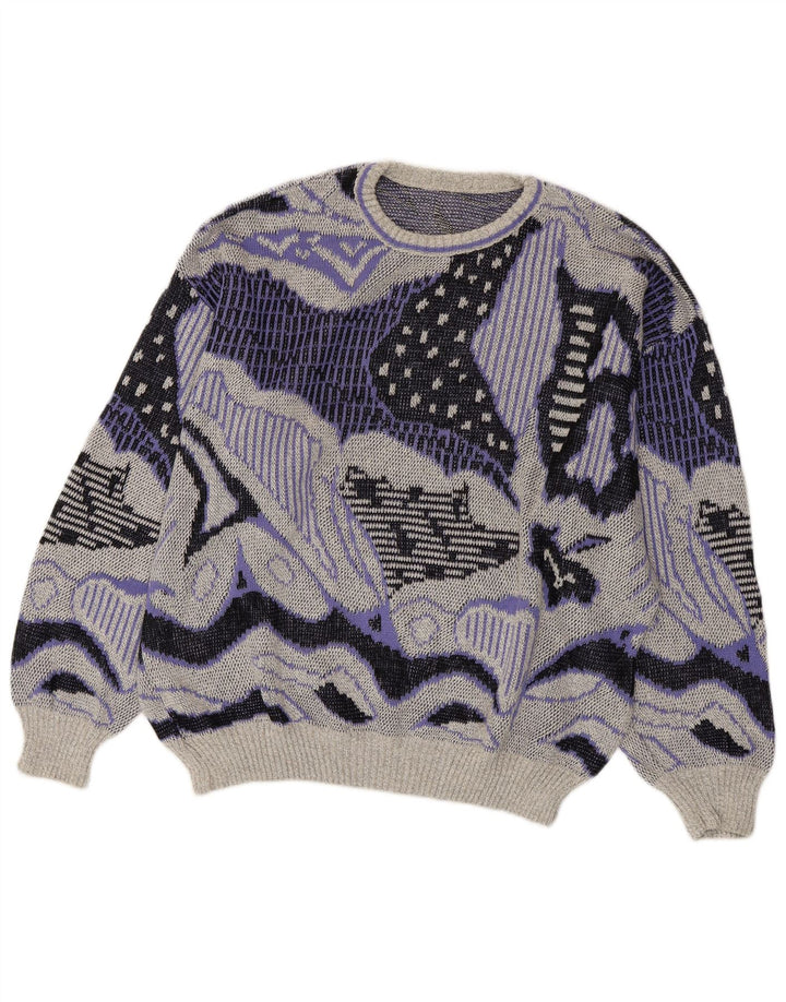 VINTAGE Femmes Motif Abstrait Ras du Cou Pull Pull UK 20 2XL Gris