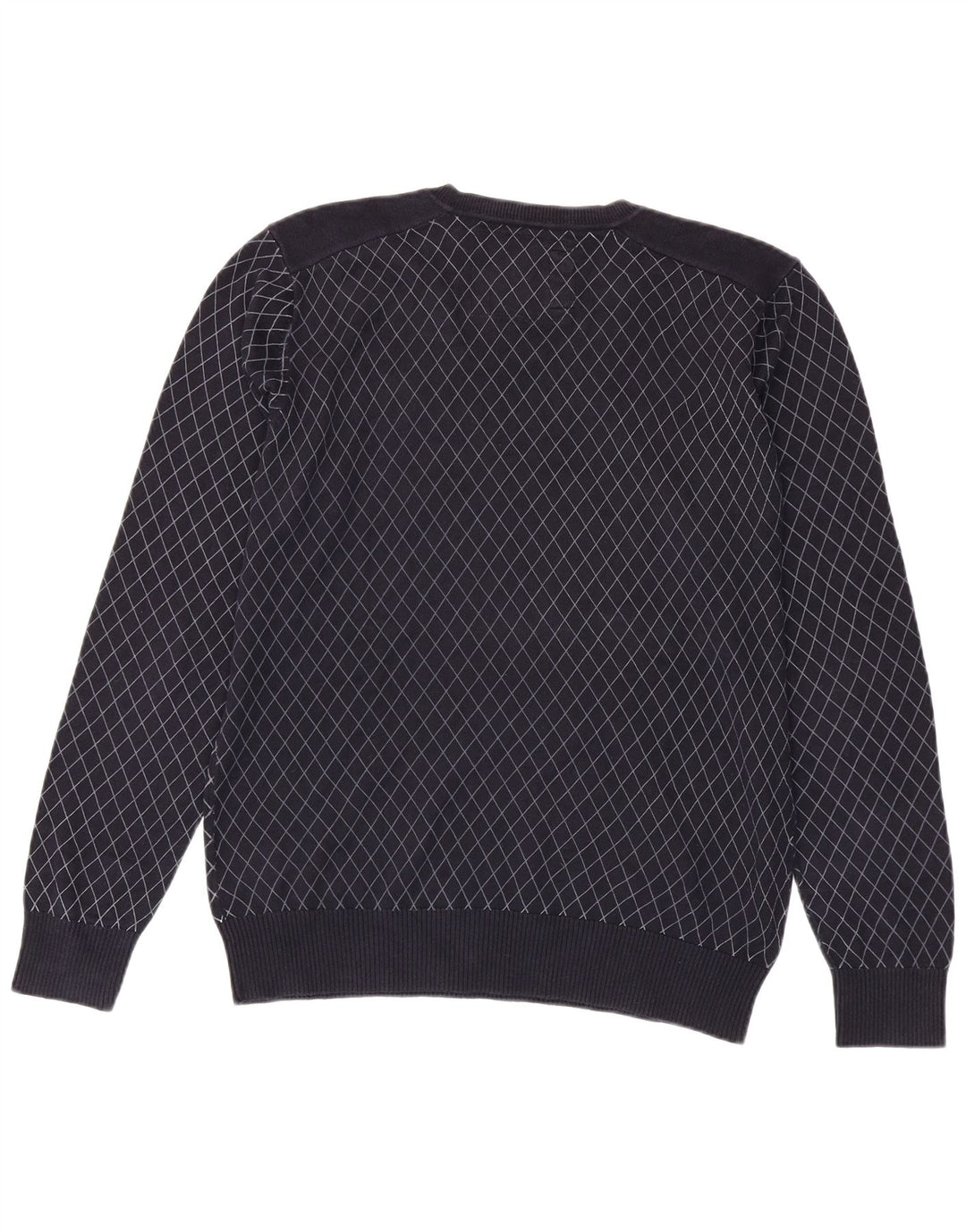 JACK & JONES Mens V-Neck Jumper Sweater Large Navy Blue Check Cotton