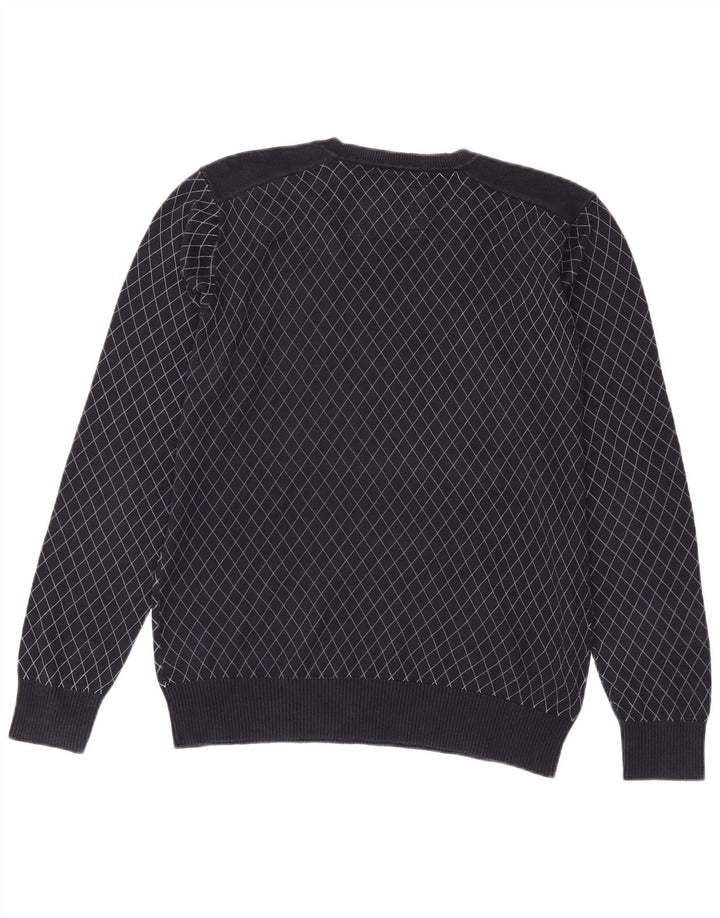 JACK & JONES Mens V-Neck Jumper Sweater Large Navy Blue Check Cotton