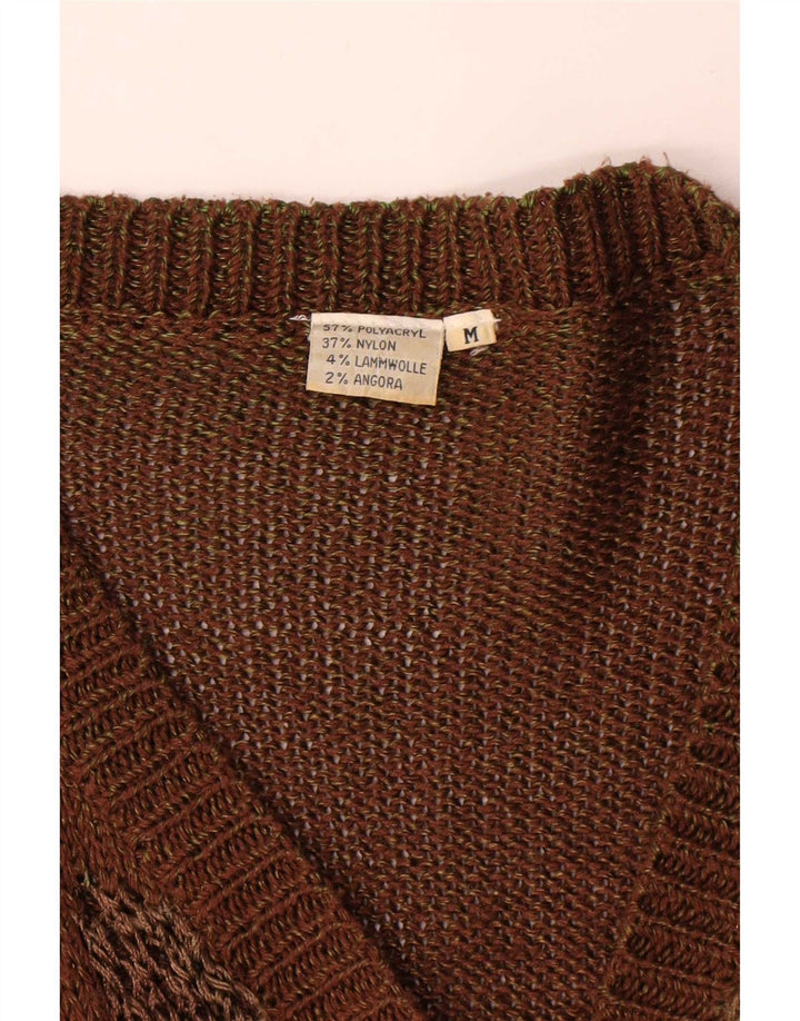 vintage Femmes Motif Abstrait Cardigan Pull UK 14 Brun Moyen