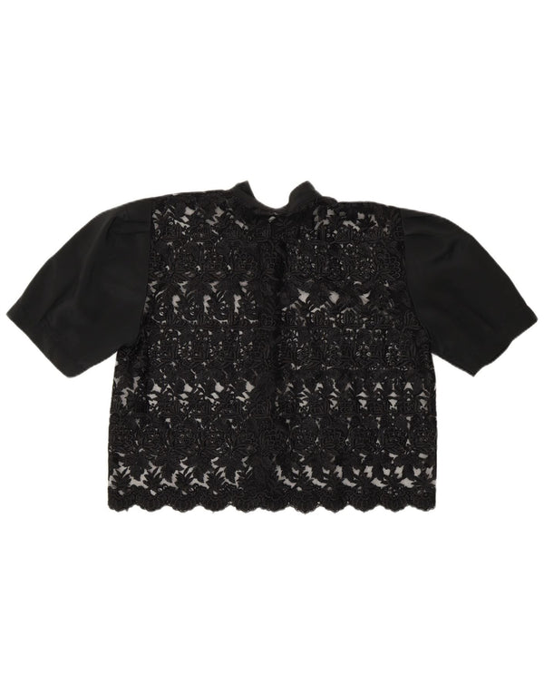 vintage Womens Crop Voir à travers la chemise Blouse UK 14 Moyen Noir Floral