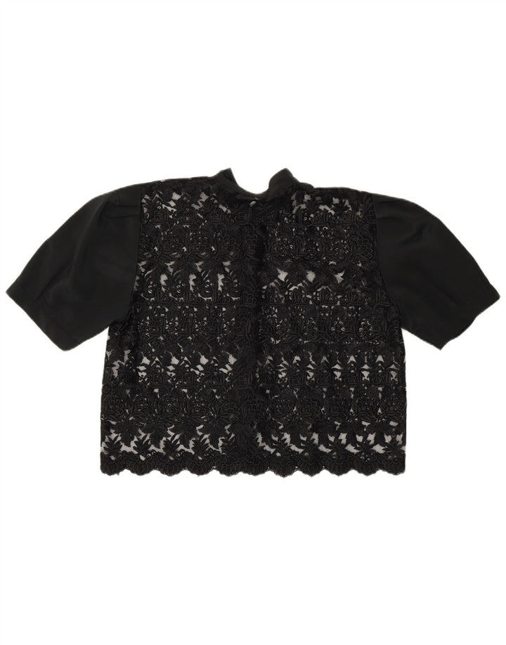 vintage Womens Crop Voir à travers la chemise Blouse UK 14 Moyen Noir Floral