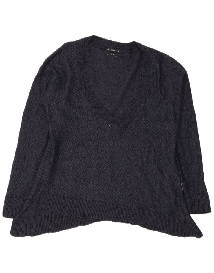 Zara Pull surdimensionné à col en V pour femme UK 14 Bleu marine moyen moucheté