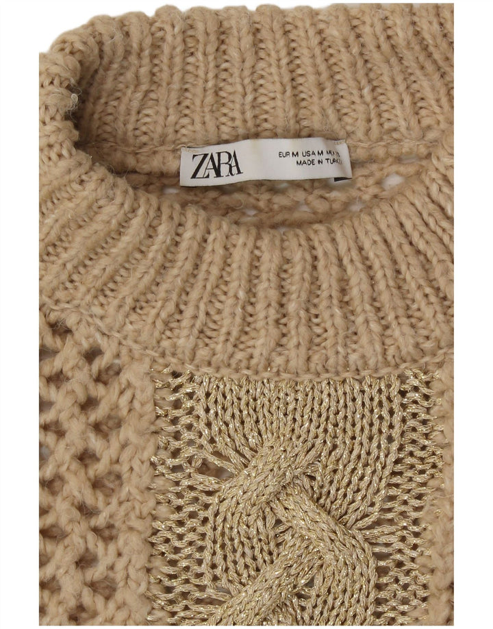 Zara Pull à col roulé au crochet pour femme UK 14 Beige moyen
