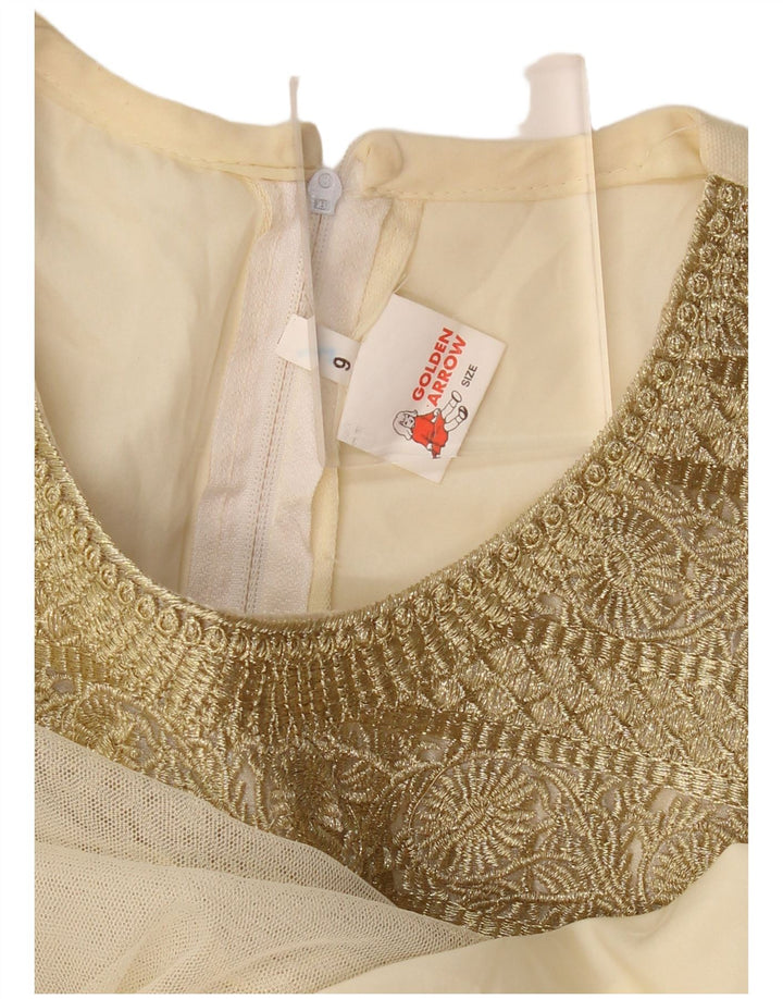 VINTAGE Robe trapèze à manches longues pour femmes US 6 Floral beige moyen