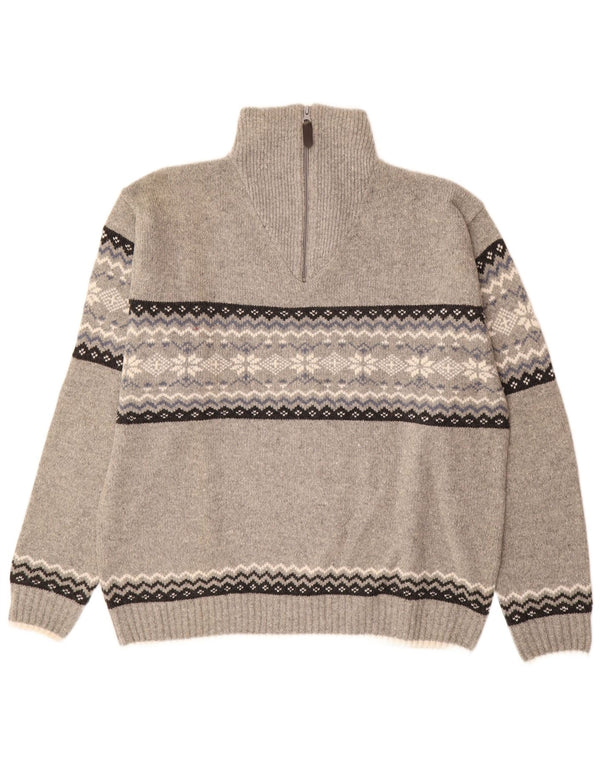vintage Mens Zip Neck Jumper Pull IT 56/58 XL Gris Fair Isle Polyacrylique