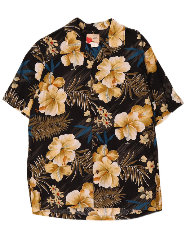 vintage Chemise à manches courtes pour hommes Grand coton floral noir hawaïen