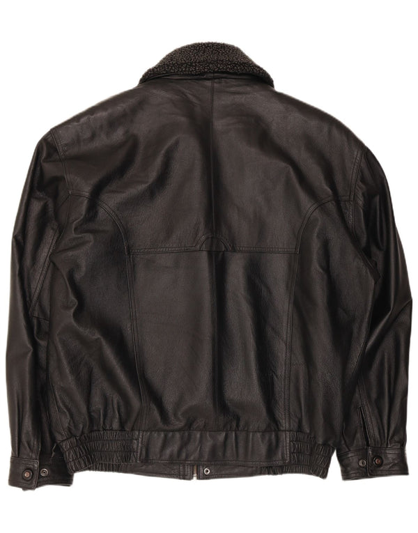 vintage Mens Faux Cuir Bomber Jacket UK 40 Grand Polyester Noir