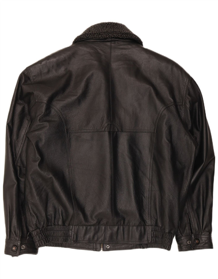 vintage Mens Faux Cuir Bomber Jacket UK 40 Grand Polyester Noir