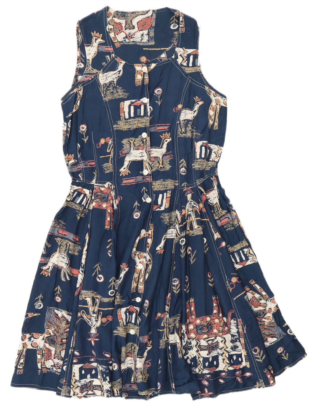vintage Femmes Motif Abstrait Robe A-Line UK 12 Bleu Marine Moyen