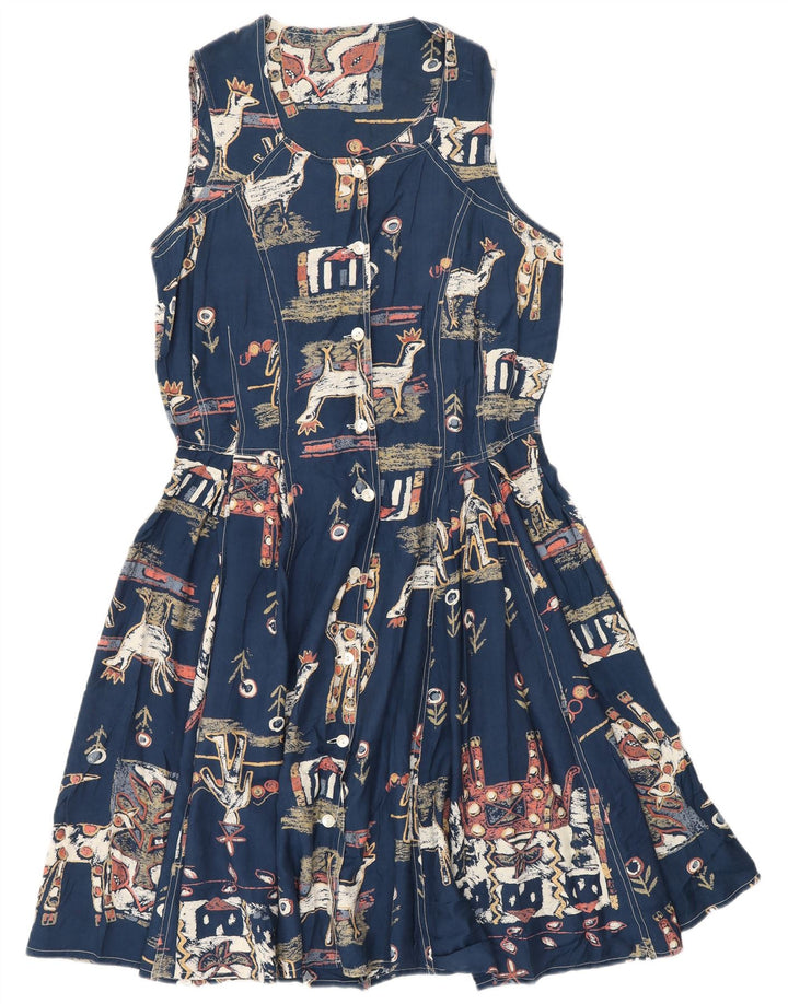 vintage Femmes Motif Abstrait Robe A-Line UK 12 Bleu Marine Moyen