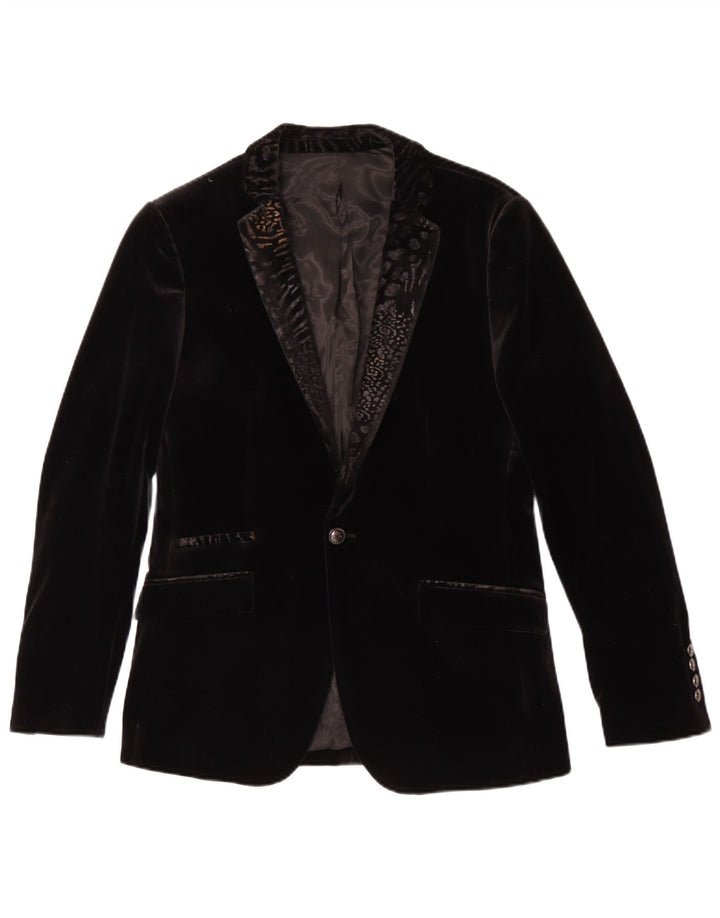 vintage Homme 1 Bouton Velours Blazer Veste Taille 48 Moyen Noir