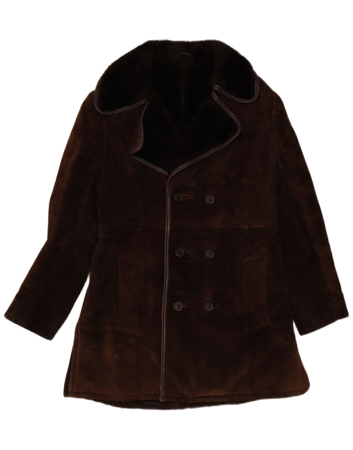 vintage Mens Sherpa Double Breasted Coat UK 10 Petit Brun