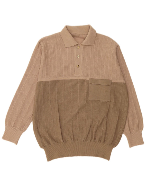 vintage Homme Polo Neck Jumper Pull IT 54 XL Beige Colourblock Laine