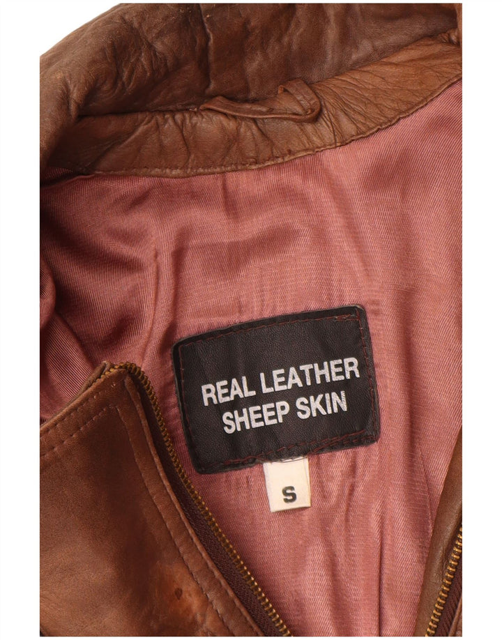 veste biker en cuir femme vintage UK 10 Petit cuir brun