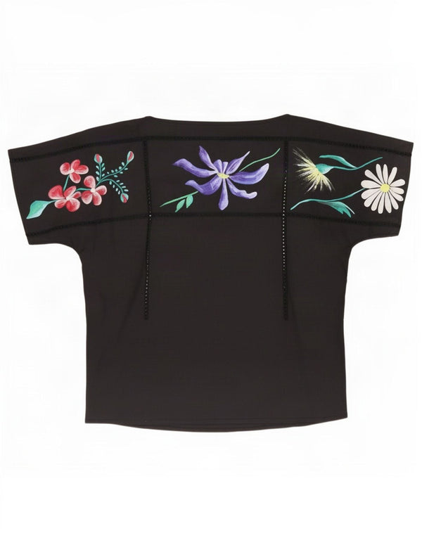 vintage Femme Blouse Top UK 12 Moyen Noir Floral