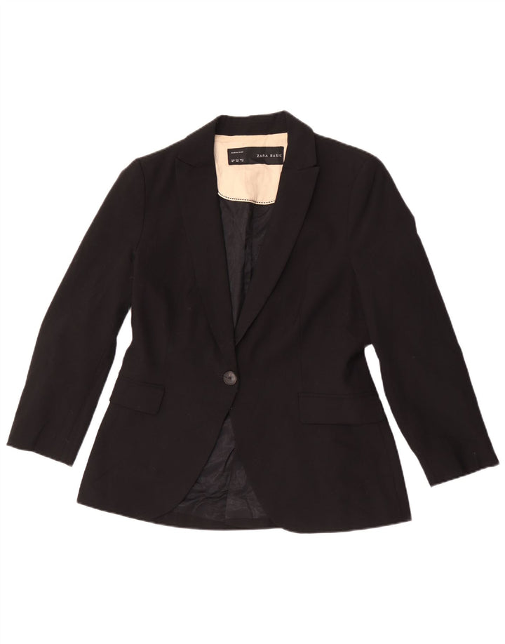 Zara Femme 1 Bouton Blazer Veste EU 40 Moyen Noir Polyester