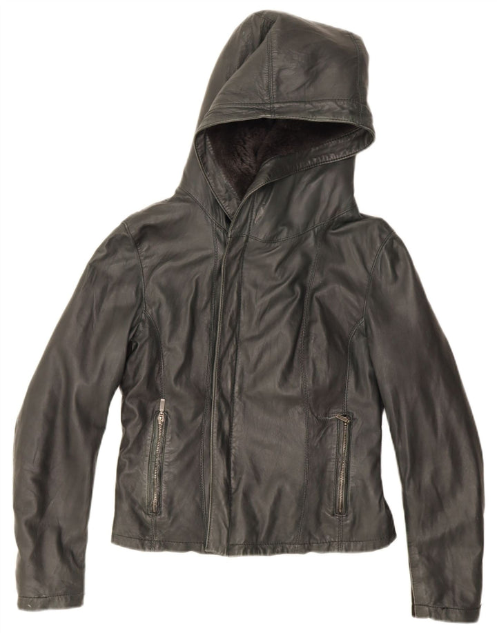 XETRA Veste en cuir à capuche courte pour femme UK 12 Noir moyen