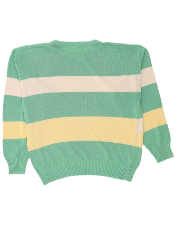 vintage Mens Crew Neck Jumper Pull Grand Vert Colorblock Acrylique