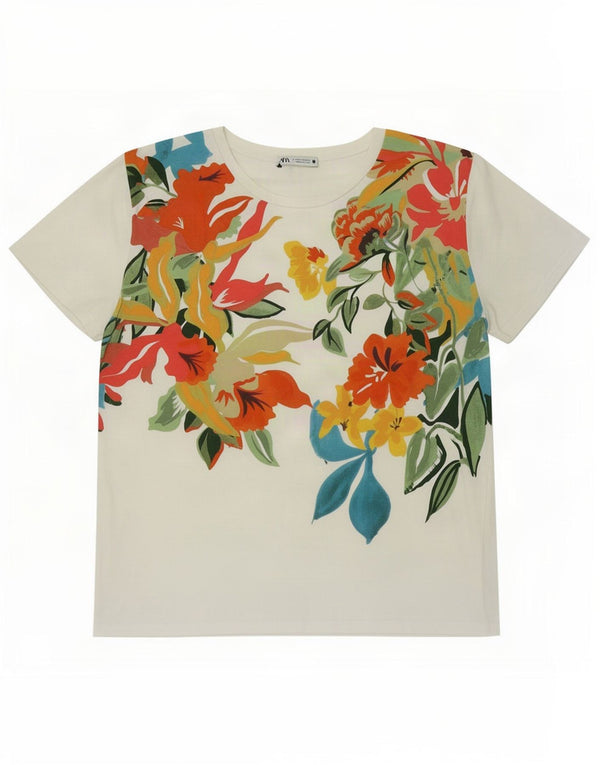 Zara Womens Graphic T-Shirt Top UK 14 Moyen Blanc Floral