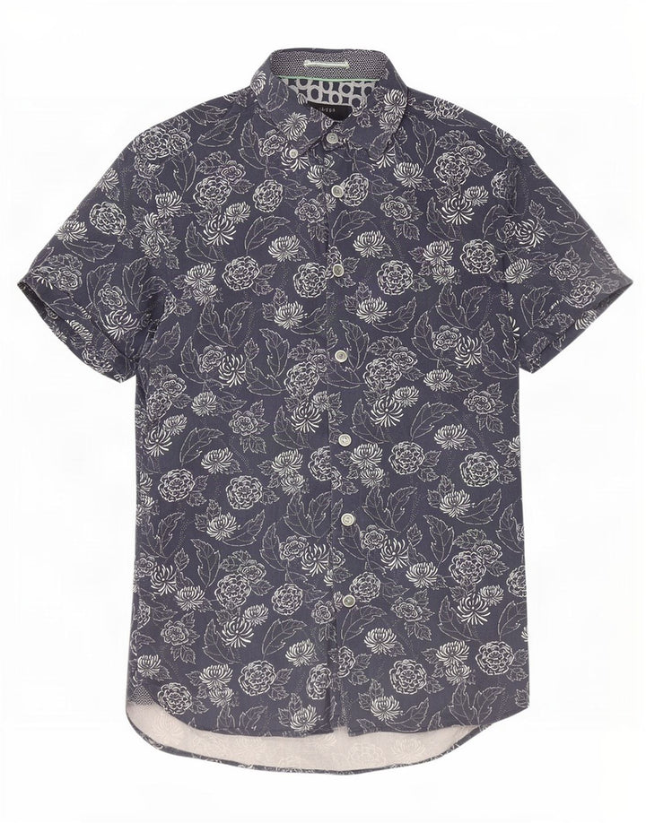 Ted Baker Chemise à manches courtes pour homme Taille 2 Petit coton floral bleu marine