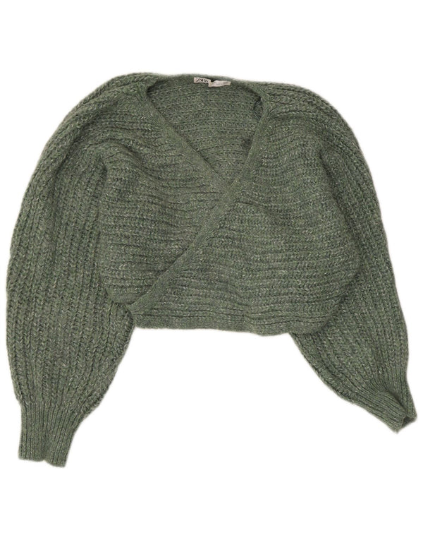 Zara Womens Crop Wrap Cardigan Sweater UK 16 Grand Acrylique Moucheté Vert