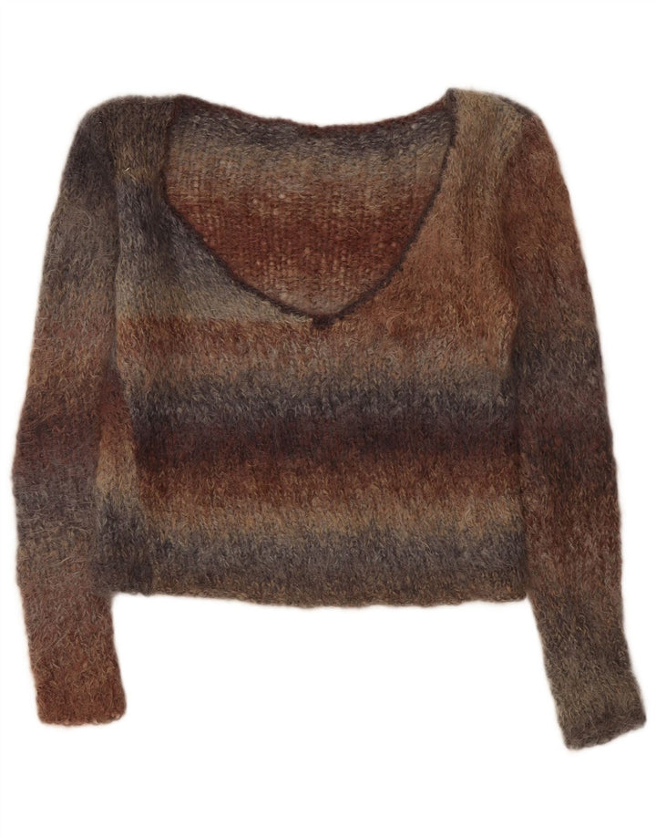 vintage Femme V-Col Jumper Pull UK 14 Moyen Multicolore Rayé
