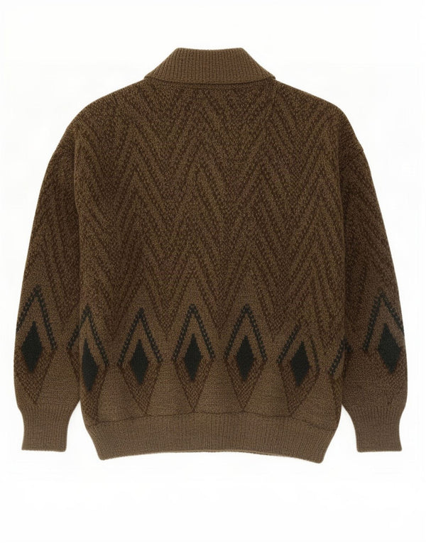 vintage Mens Cardigan Pull Moyen Kaki Laine Géométrique
