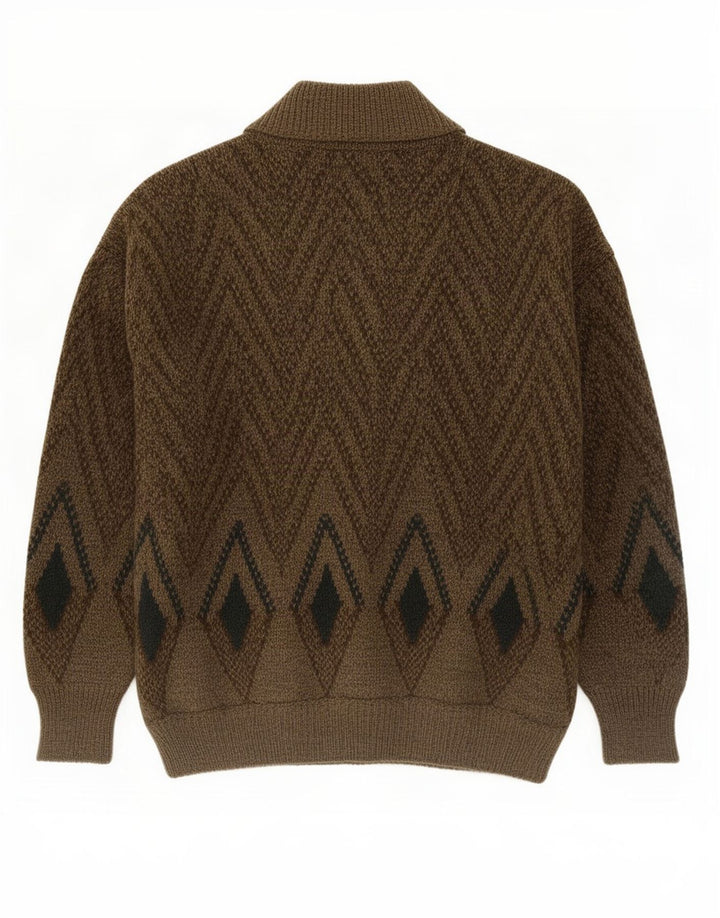 vintage Mens Cardigan Pull Moyen Kaki Laine Géométrique