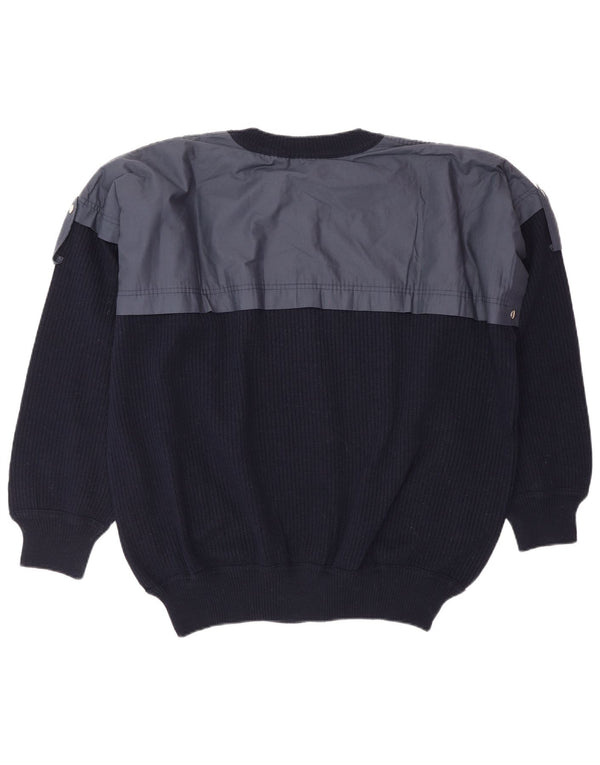 vintage Homme Cardigan Pull XL Bleu Marine Colourblock Laine