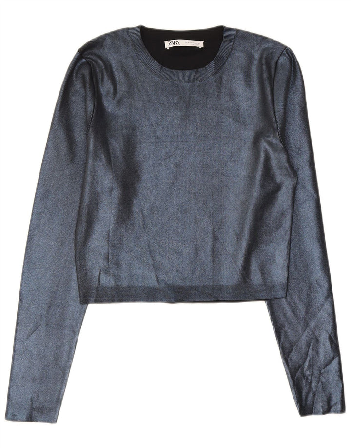 Zara Femme Crop Top UK 18 XL Bleu Marine Polyester