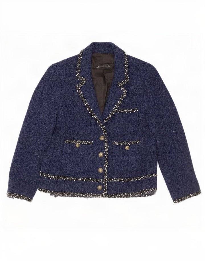Zara Veste blazer à manches 3/4 pour femme 4 boutons UK 12 Bleu marine moyen
