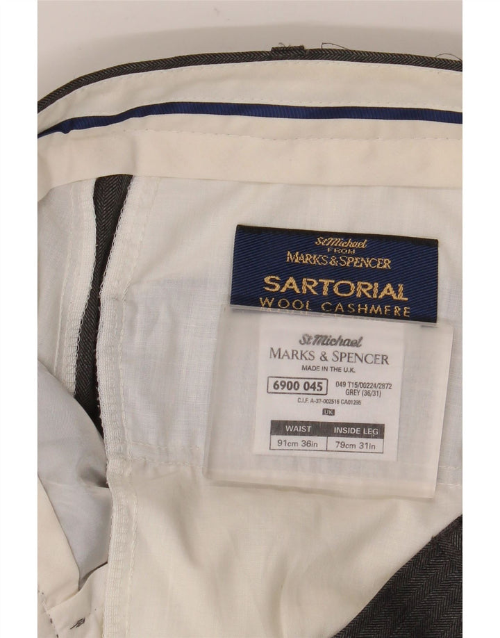 Marks & Spencer Pantalon de Costume Droit Homme W36 L31 Laine à Chevrons Gris