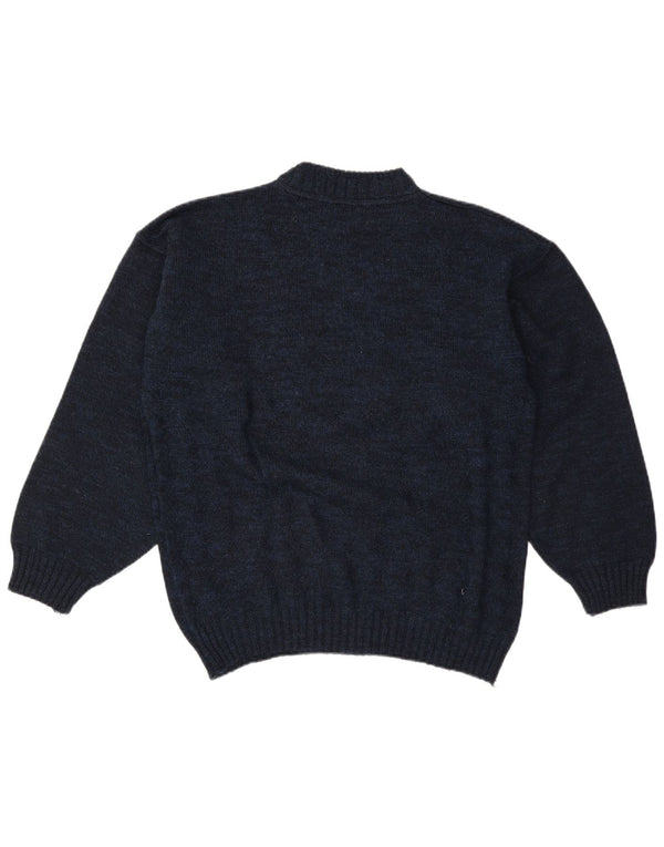 vintage Mens Graphic Turtle Neck Jumper Pull Grand Bleu Marine