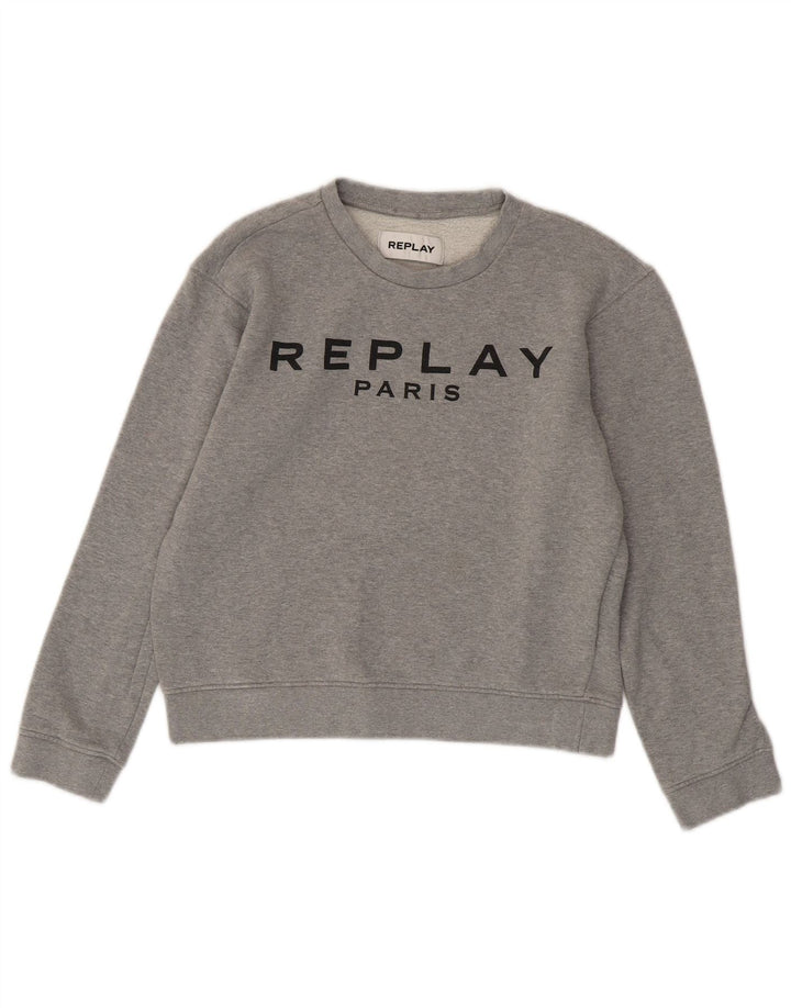 REPLAY Femme Paris Crop Graphic Sweatshirt Jumper UK 10 Small Gris Coton