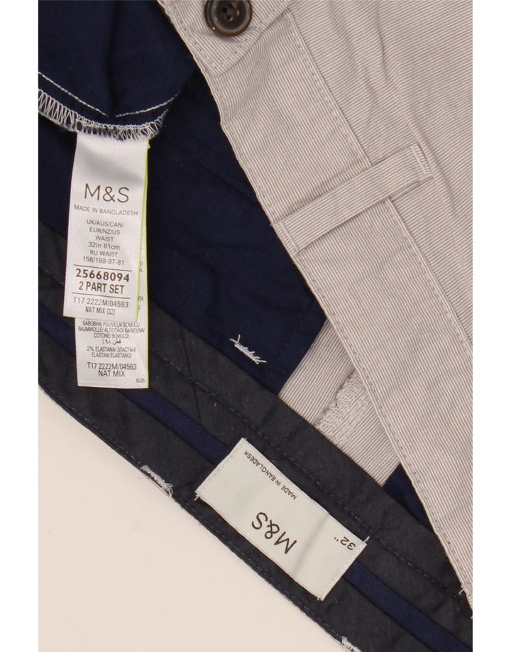Marks & Spencer Short Chino Homme W32 Coton à Rayures Gris Moyen
