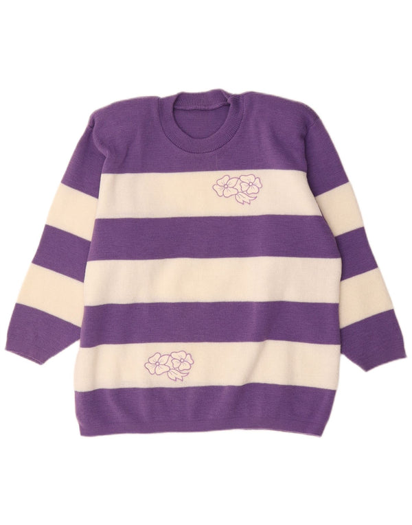 vintage Womens Crew Neck Jumper Sweater UK 14 Grand Violet Rayé
