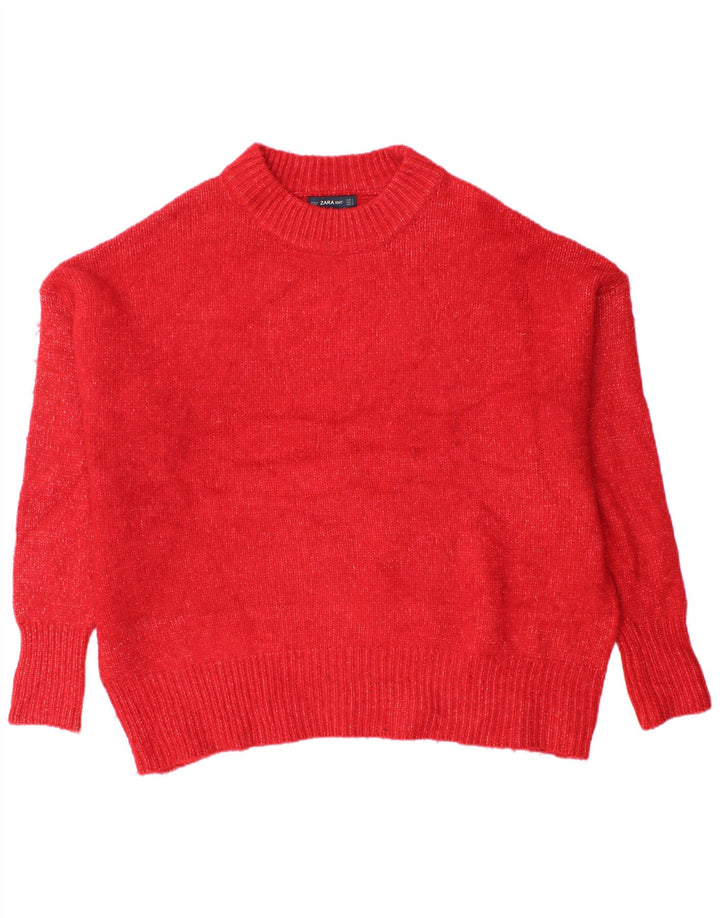 ZARA Pull surdimensionné à col rond pour femme UK 10 Petit acrylique rouge