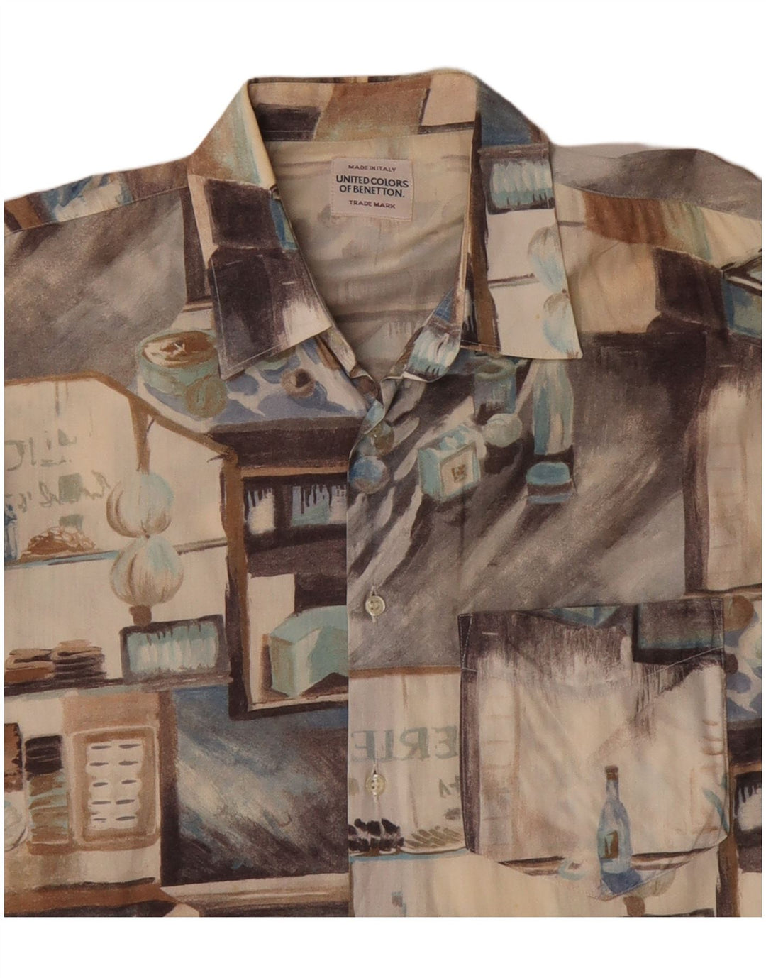 Benetton Chemise Graphique à Manches Courtes XL Beige Patchwork Coton Homme