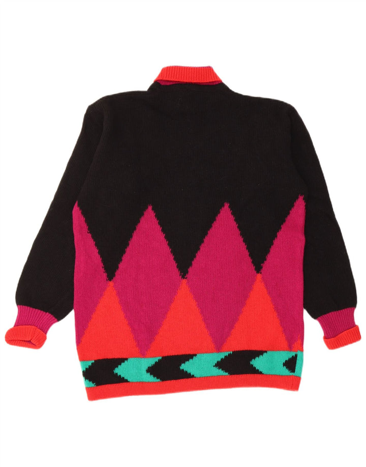 vintage Femmes Roll Neck Jumper Pull UK 12 Moyen Noir Argyle/Diamant