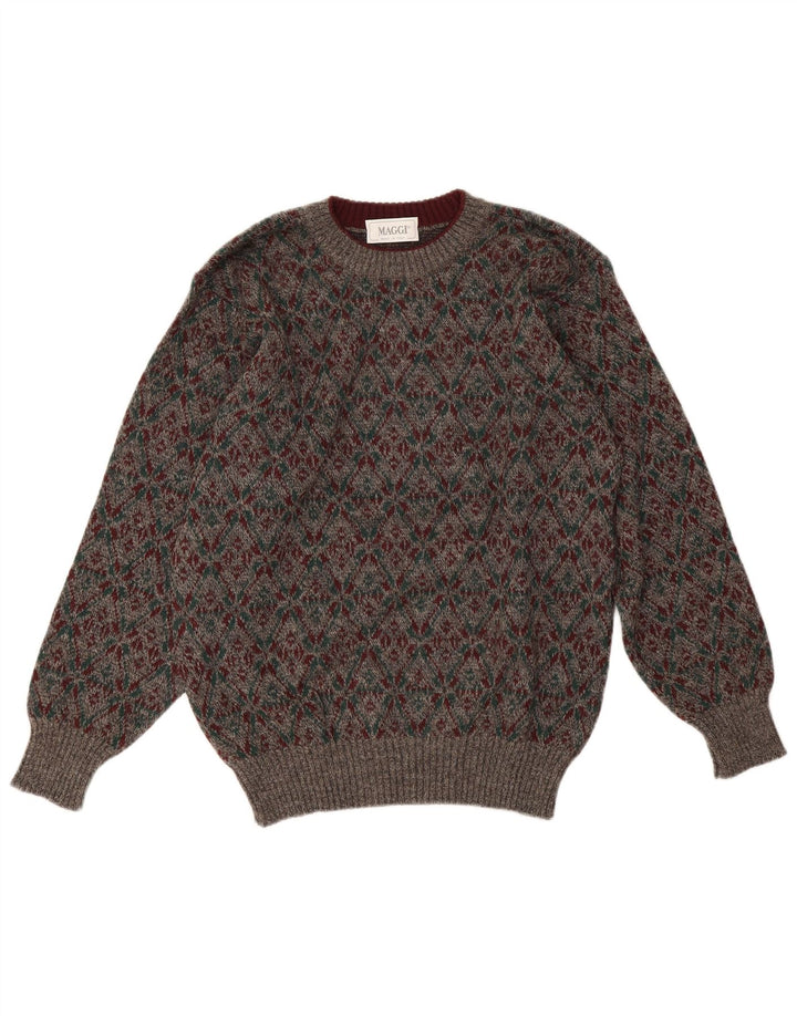vintage Mens Crew Neck Jumper Pull Moyen Gris Géométrique Laine