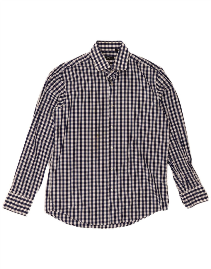 HUGO BOSS Mens Regular Fit Shirt Size 16 1/2 42 Large Navy Blue Gingham