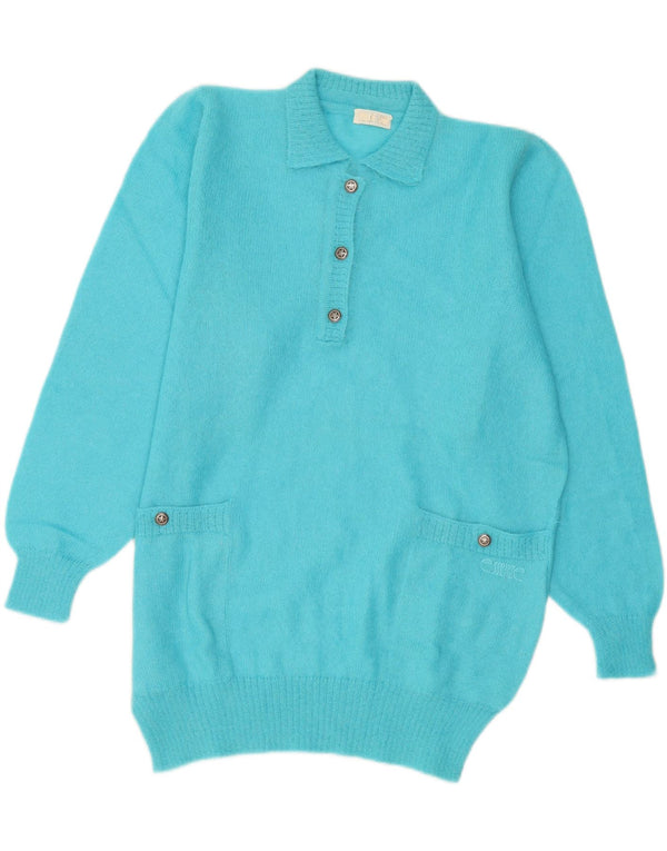 vintage Femme Polo Neck Jumper Pull IT 44 Bleu Moyen Mohair
