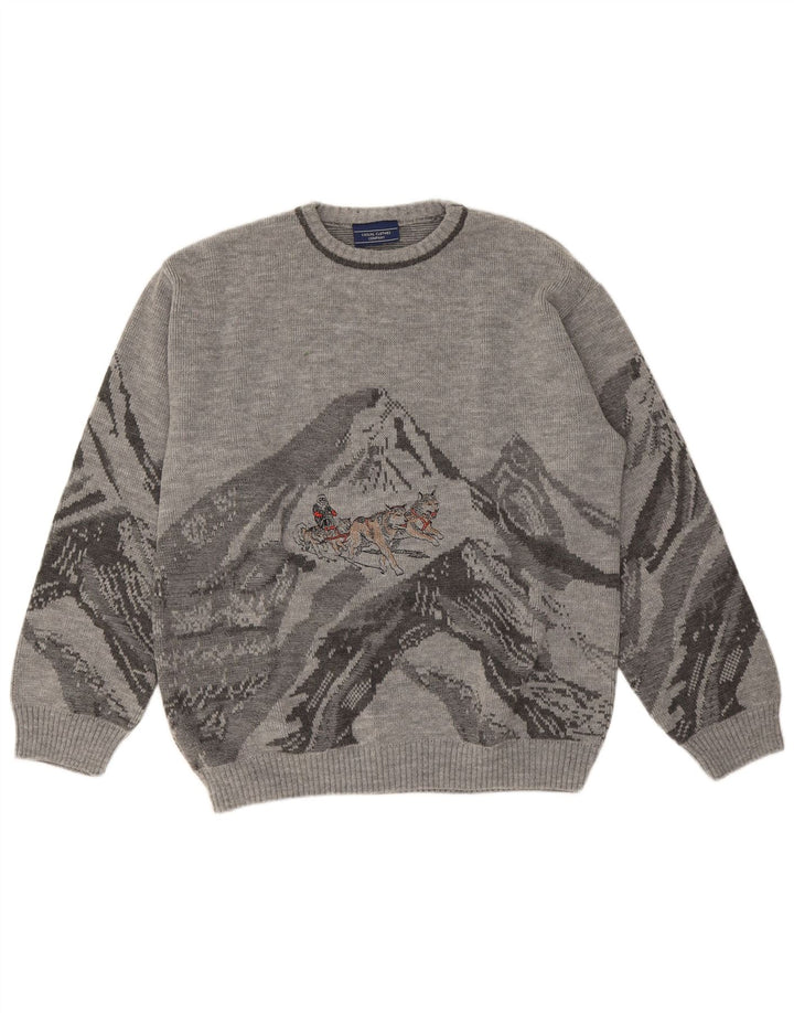 vintage Mens Graphic Crew Neck Jumper Pull Grand Gris Polyacrylique