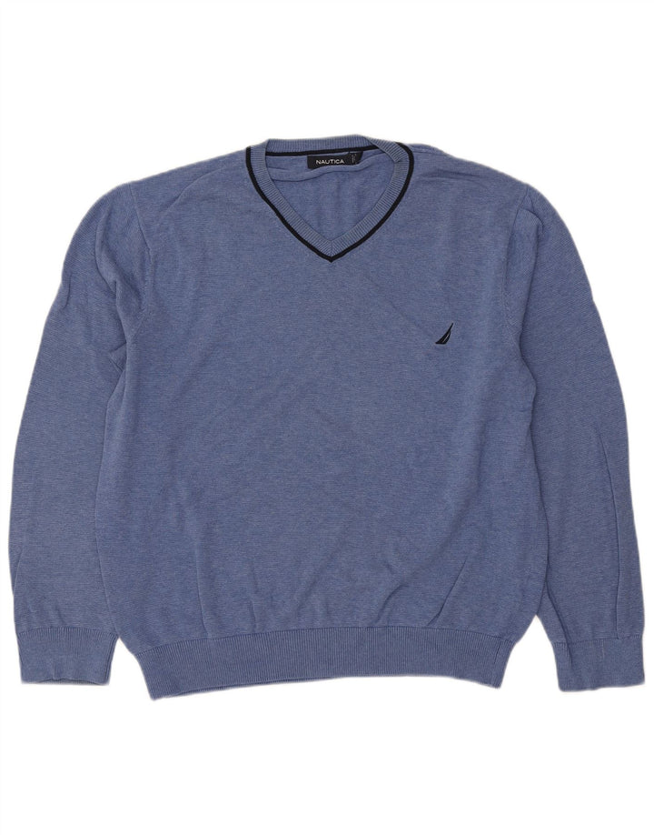 Nautica Pull col V pour homme en coton bleu Taille L